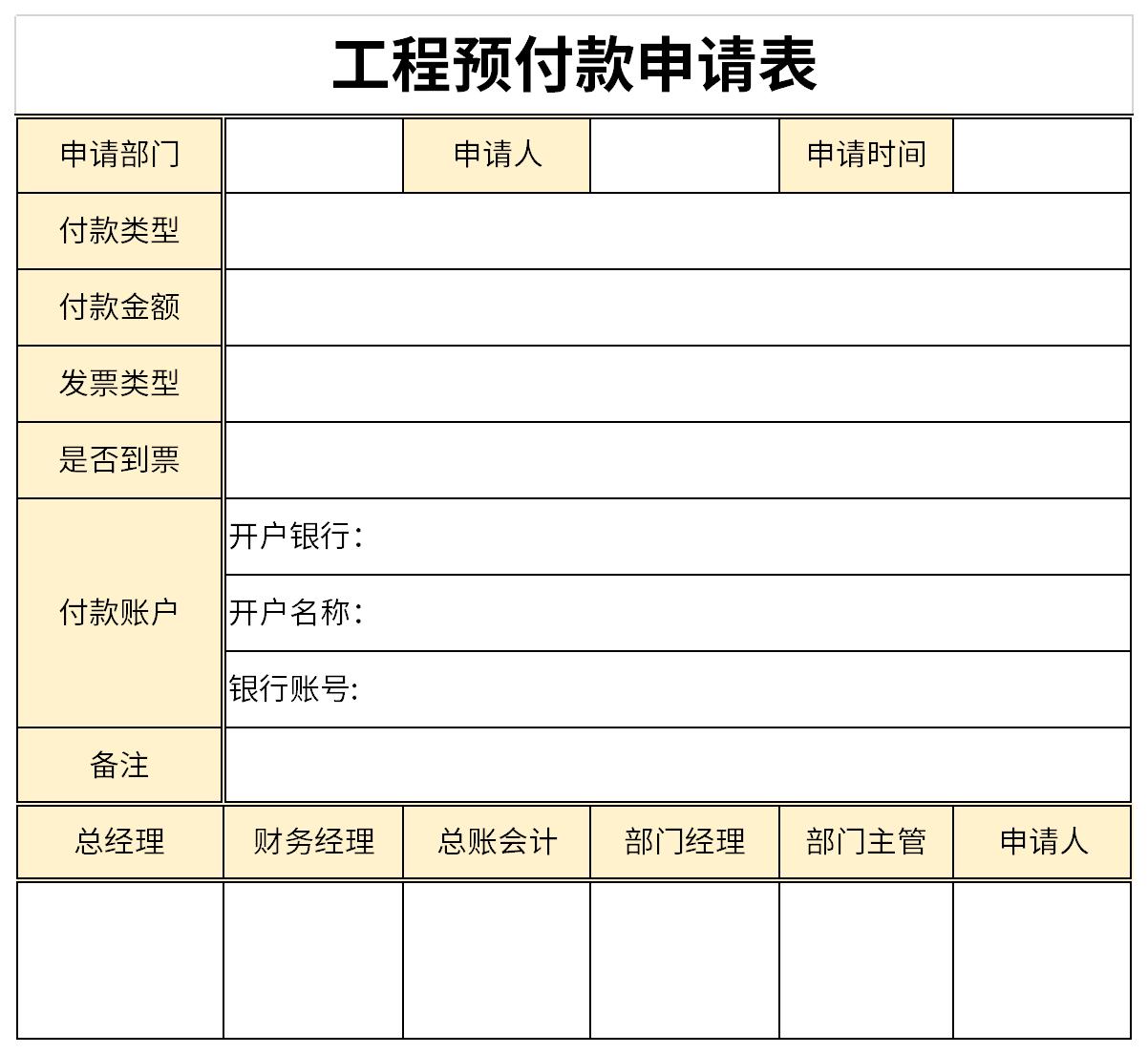 预付款支付申请表样本图片