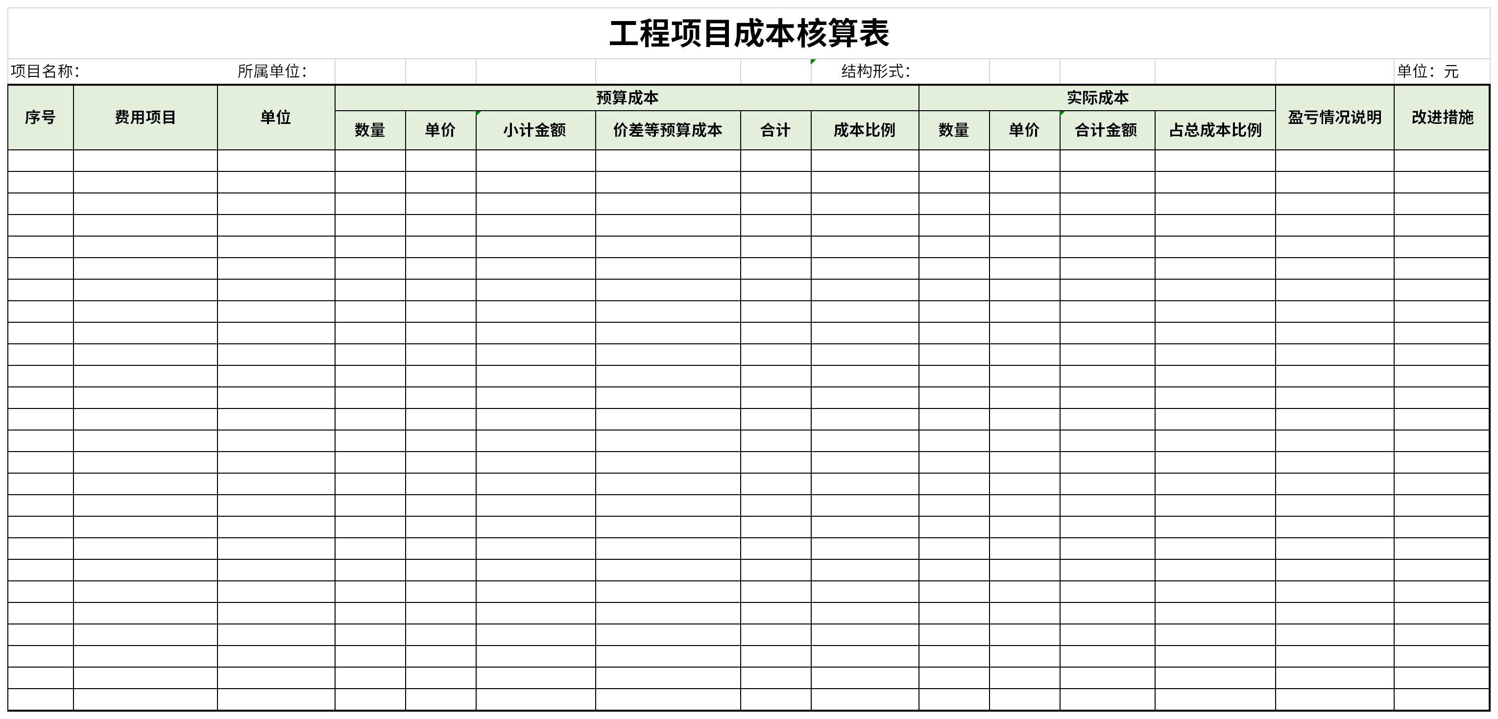 这是一套经过下载之家精心筛选工程项目成本核算表表格模板下载,模板