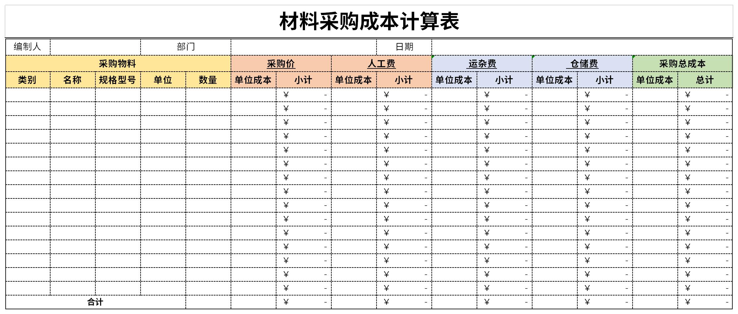 材料采购成本计算表免费版