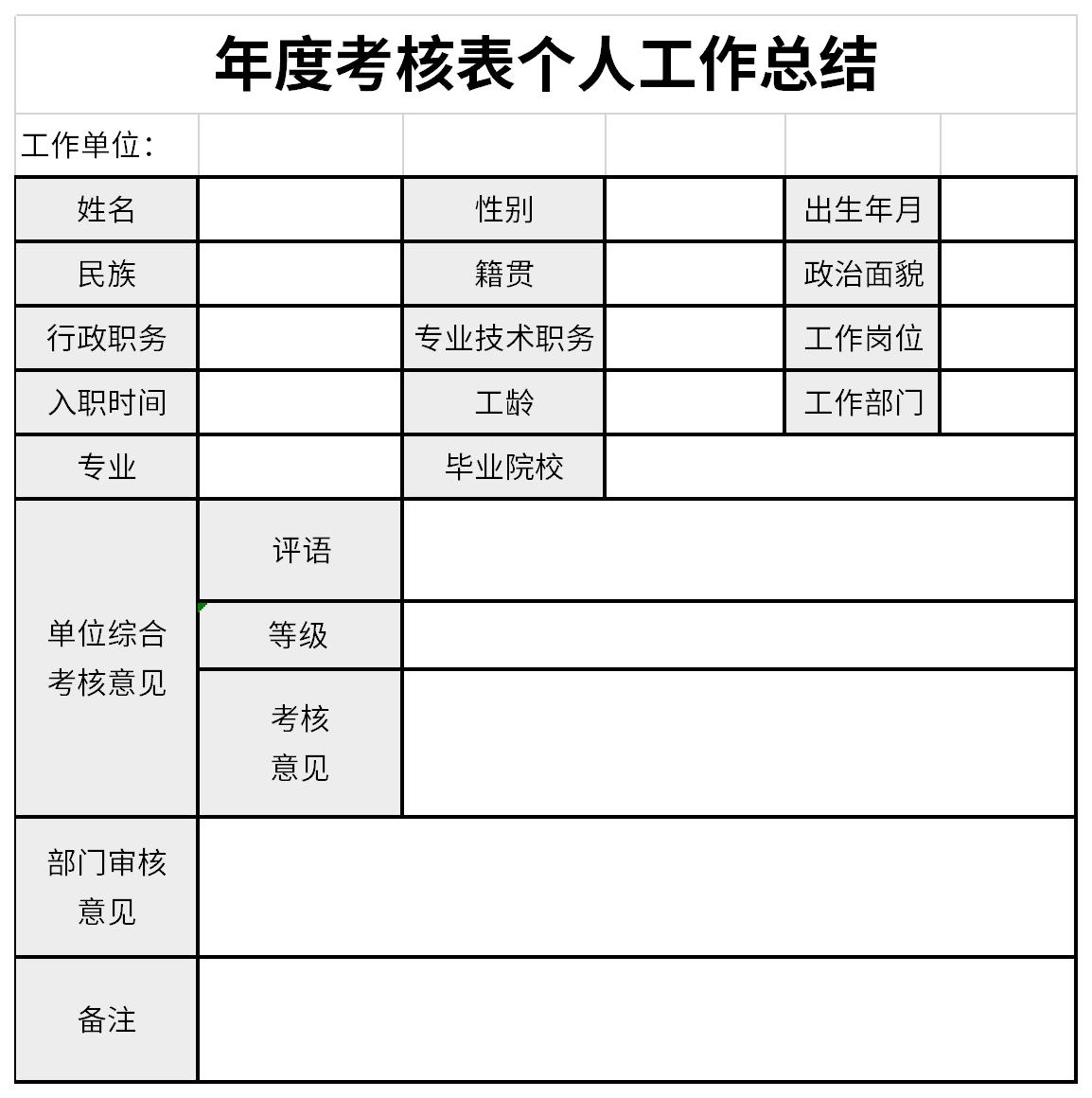 年度考核表个人工作总结excel表格式下载 下载之家 1868