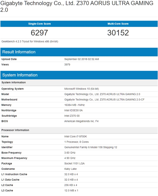 i9-9900K、i7-9700K、i5-9600K跑分曝光截图
