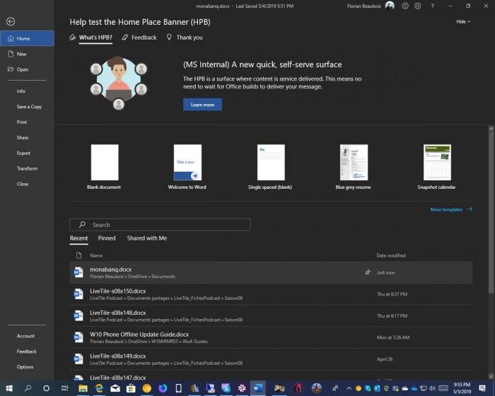 微软给Office测试Home Place Banner 加入更多通知和交互内容截图