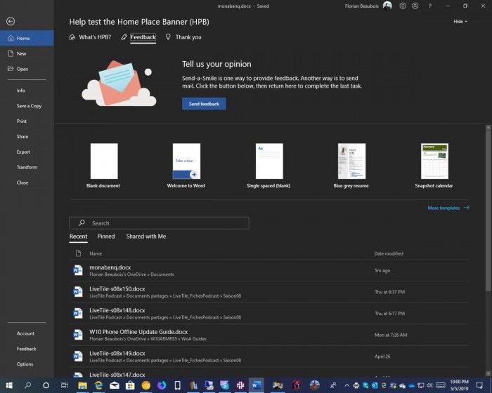 微软给Office测试Home Place Banner 加入更多通知和交互内容截图