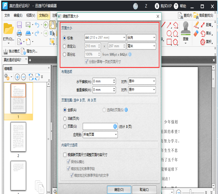 迅捷PDF编辑器中设置调整PDF文件页面尺寸的简单操作教程截图