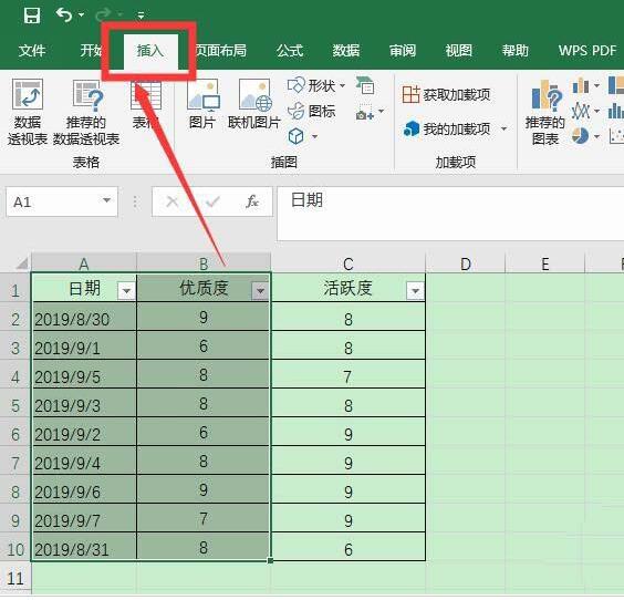 點擊菜單欄插入打開excel表格,選擇要製作餅圖的數據單元格excel表格