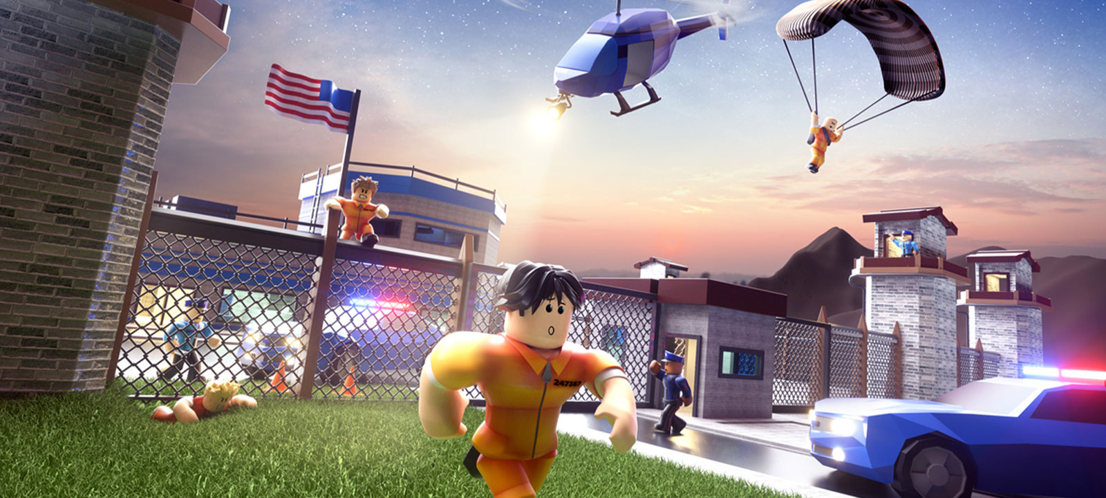 图片展示了一款风格卡通的游戏场景，包含角色逃脱、警察追捕、直升机和警车等元素，背景是夜晚的监狱。