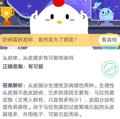 头皮痒头皮屑多有可能传染吗？11月19日蚂蚁庄园答案截图