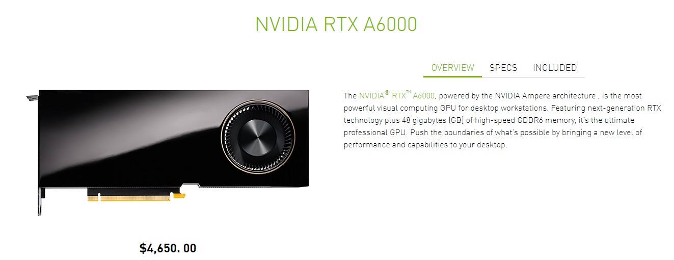 英伟达推出首款安培专业卡 RTX A6000 售价4650美元