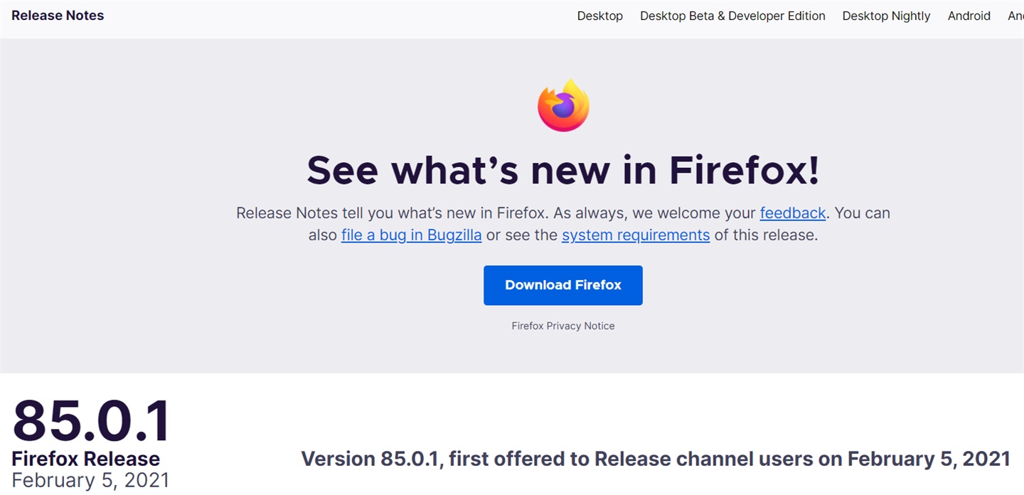 Firefox 火狐浏览器发布 85.0.1 更新