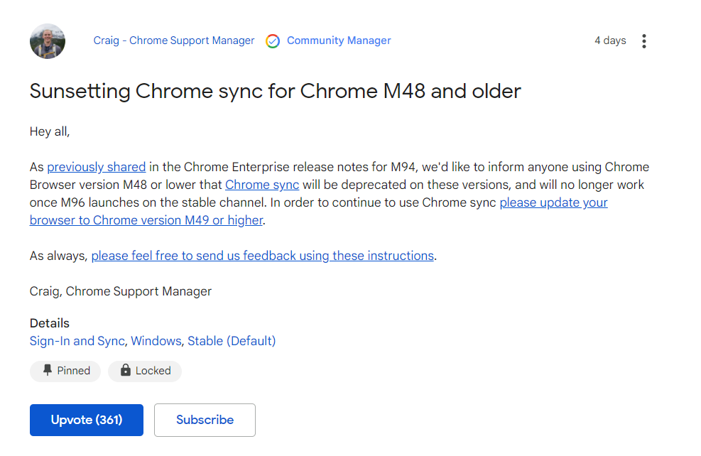 Chrome 96 稳定版发布后停止对Chrome 48及更早版本的同步功能支持