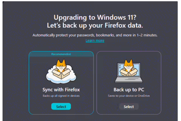 Firefox 火狐浏览器将推Win10转Win11原生备份工具，支持数据全量加密迁移截图