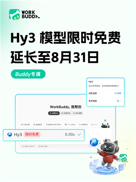 腾讯WorkBuddy宣布：Hy3模型限时免费体验继续延期截图